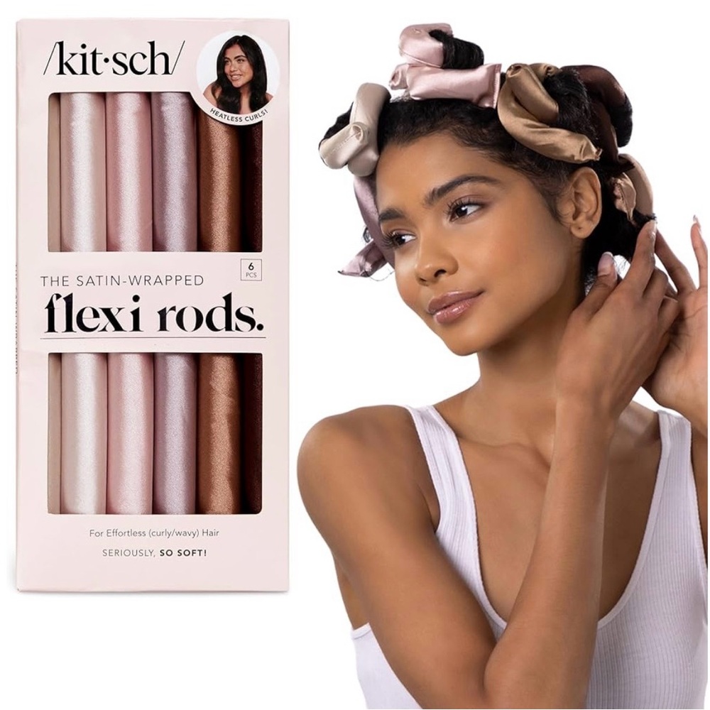 Kitsch Satin Curling Rods in Pink and Brown and Black Satin sleep cap.